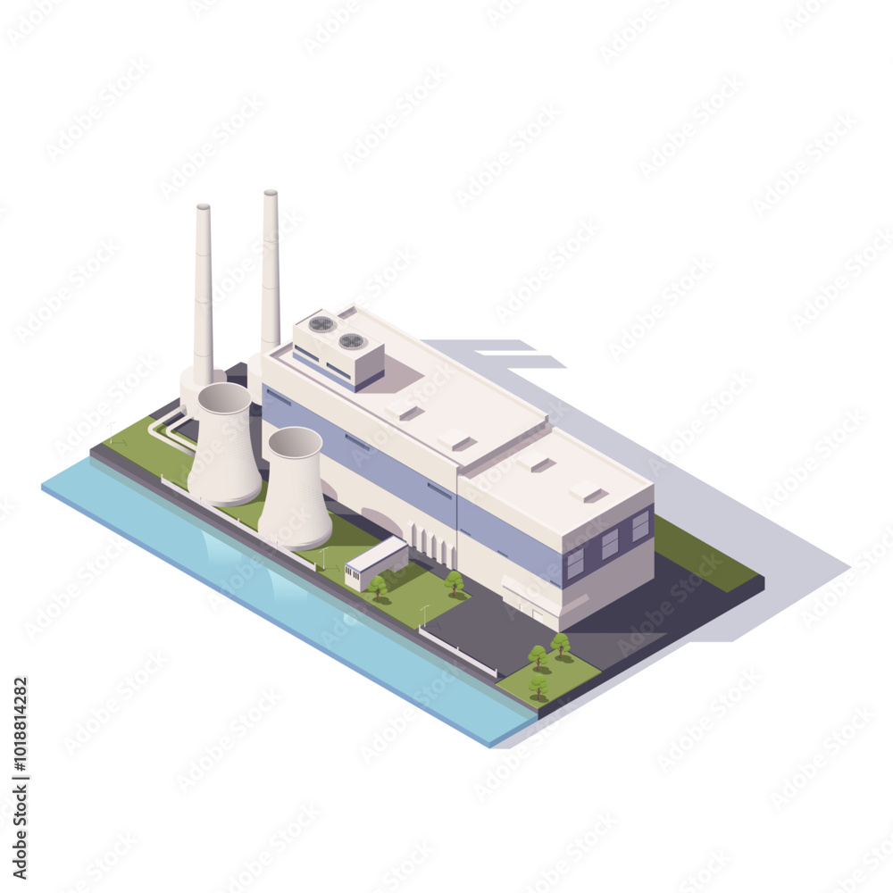 A power plant with cooling towers and a water body in isometric view. Vector illustration A power plant with cooling towers and a water body in isometric view. Vector illustration
