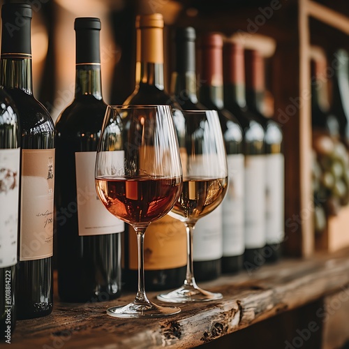 A rustic display of wine bottles and glasses, showcasing different varieties and colors of wine.