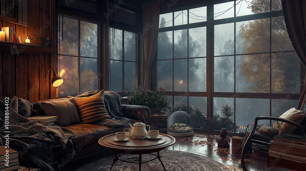 cozy living room, the scent of cinnamon and the sound of rain outside cozy living room, the scent of cinnamon and the sound of rain outside