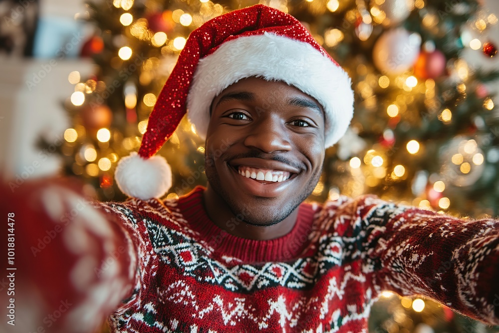 Positive young american man dressed in knitted sweater and santa hat doing selfie on christmas tree background Positive young american man dressed in knitted sweater and santa hat doing selfie on christmas tree background