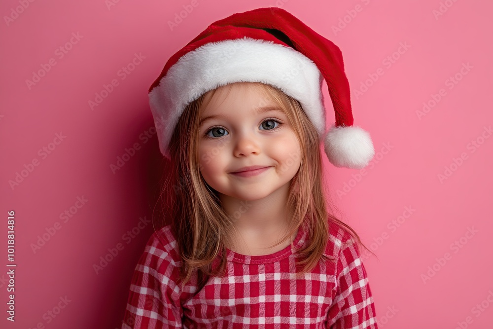 Smiling child girl in checkered pajamas and red santa hat Smiling child girl in checkered pajamas and red santa hat