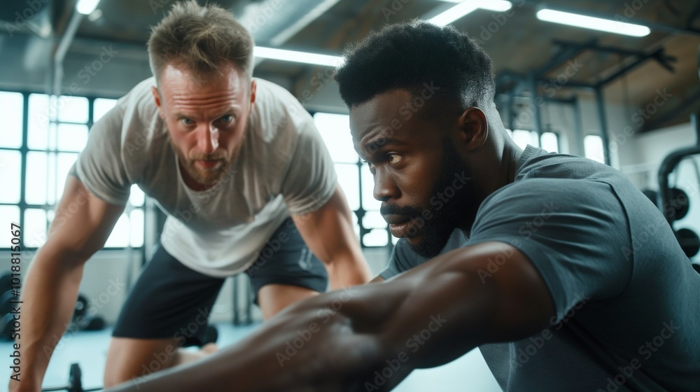 Obraz premium man working out with a personal trainer, getting expert guidance and encouragement to help him