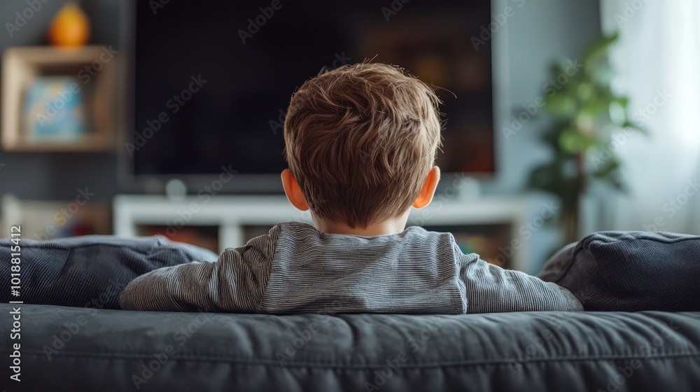Rear view of a little boy sitting on the sofa watching cartoons on TV. Rear view of a little boy sitting on the sofa watching cartoons on TV.