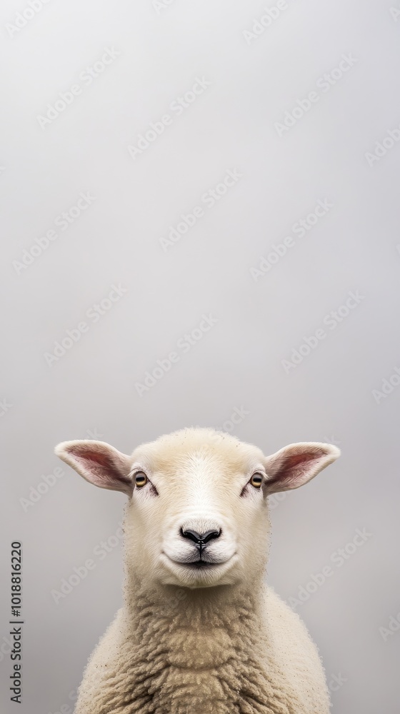 Fototapeta premium A lone sheep surveys the misty bay of Lofoten, Norway, amidst autumn's frosty embrace and majestic snow-capped peaks