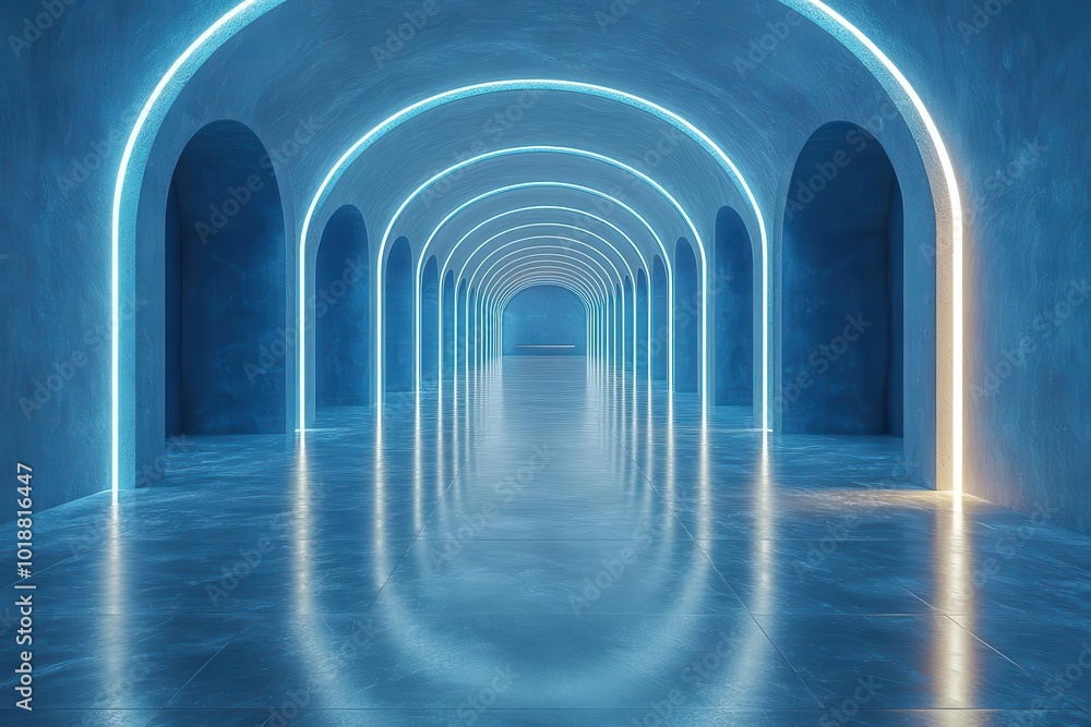 Obraz premium minimalist futuristic interior seamless blue gradient walls subtle ambient lighting reflective floor surface clean lines scifi atmosphere sleek presentation space