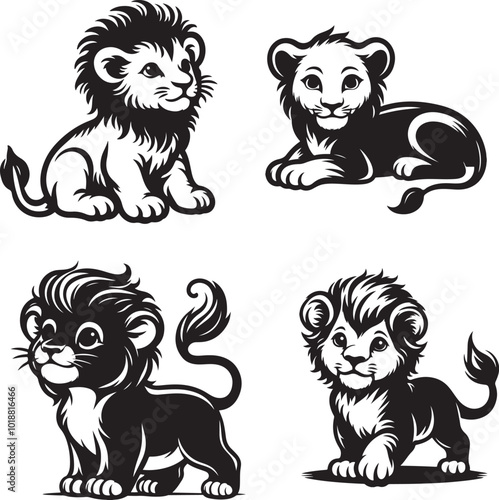 Set of baby lion black silhouettes vector illustration.