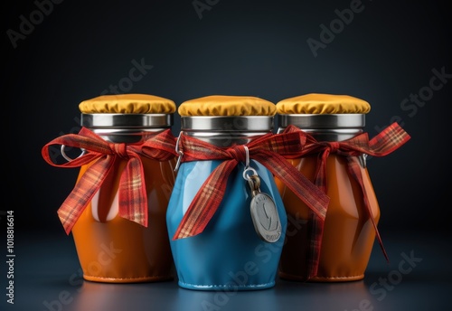 Colorful jars filled with preserves on a dark background