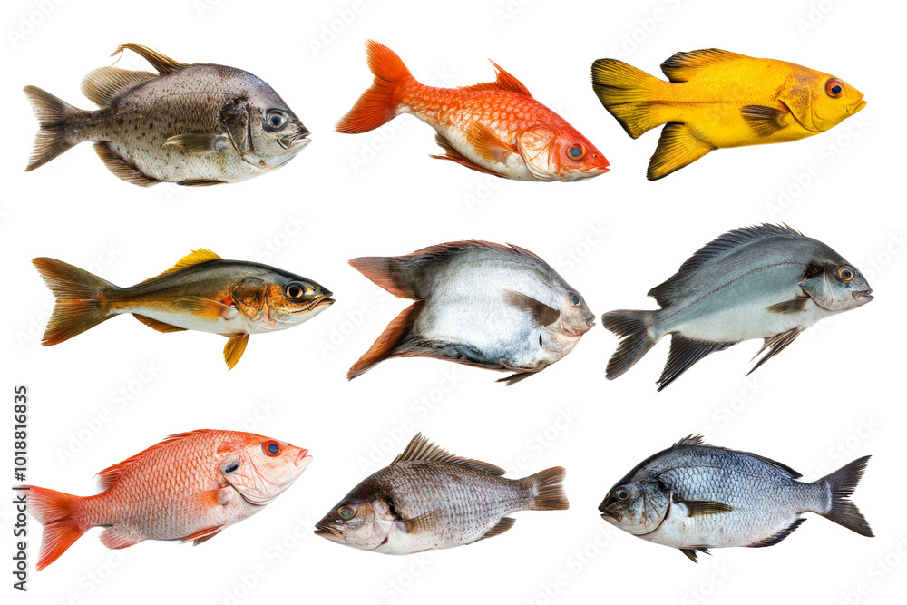 Collection of various fish on a white isolated background, showcasing vibrant colors and different species. Collection of various fish on a white isolated background, showcasing vibrant colors and different species.
