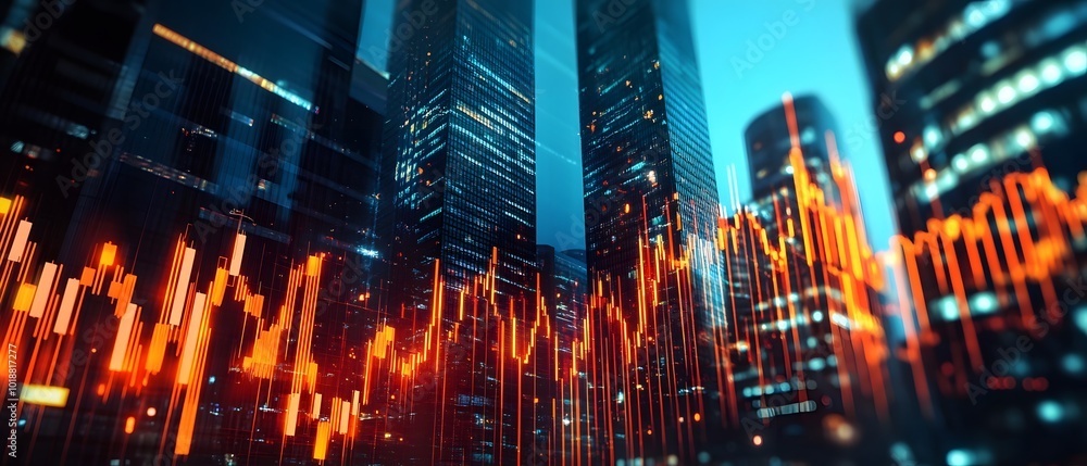 Obraz premium Vibrant city skyline with dynamic stock market graph overlay, emphasizing financial growth and modern architecture in urban landscape.