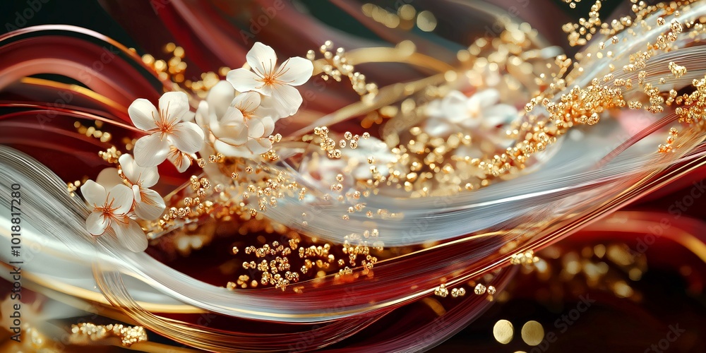 Abstract illustration of flowing red and gold waves with floral elements and glowing particles, symbolizing celebration and abundance during the New Year, vibrant background, selective focus
Abstract illustration of flowing red and gold waves with floral elements and glowing particles, symbolizing celebration and abundance during the New Year, vibrant background, selective focus