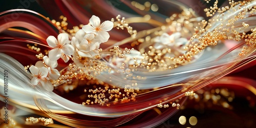 Abstract illustration of flowing red and gold waves with floral elements and glowing particles, symbolizing celebration and abundance during the New Year, vibrant background, selective focus
 photo