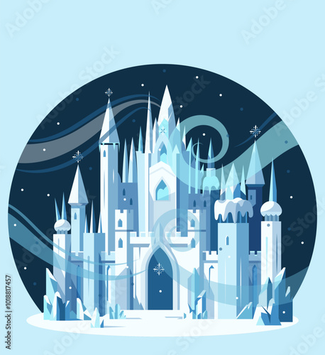 A whimsical castle surrounded by ice and snow, in a cartoon style, on a blue background. Vector illustration