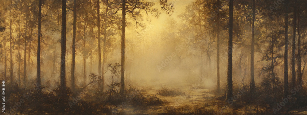 A quiet morning in a dense foggy forest at sunrise nature background A quiet morning in a dense foggy forest at sunrise nature background