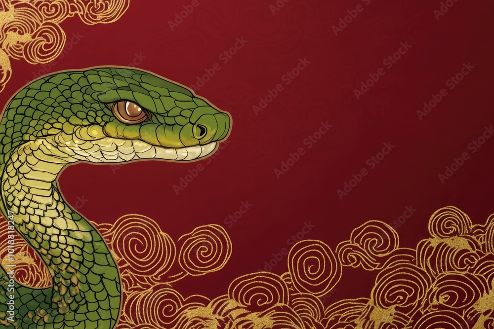 Traditional Green Snake Illustration with Ornate Patterns on Red Background Traditional Green Snake Illustration with Ornate Patterns on Red Background