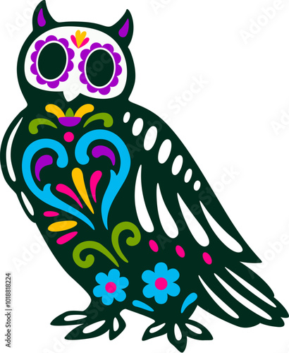 Mexican day of the dead owl animal tattoo. Vibrant vector bird sugar skull, owl-shaped skeleton, adorned with intricate patterns and vivid colors captures the essence of cultural Halloween celebration