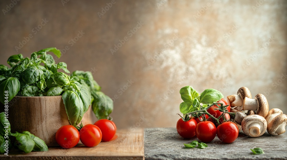 Fresh basil, cherry tomatoes, and mushrooms on rustic wooden and stone surfaces. Fresh basil, cherry tomatoes, and mushrooms on rustic wooden and stone surfaces.