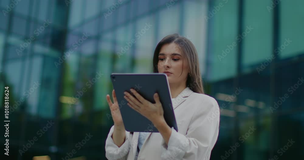 Beautiful Caucasian woman standing outside her office building and using tablet device. Typing on screen of portable computer. Texting or messaging friends or coworkers. Manager working during break. Beautiful Caucasian woman standing outside her office building and using tablet device. Typing on screen of portable computer. Texting or messaging friends or coworkers. Manager working during break.