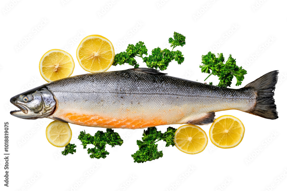Fresh fish garnished with lemon slices and parsley against a white background. Fresh fish garnished with lemon slices and parsley against a white background.