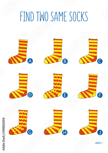 Find two same socks. Logic game. Vector illustration. Worksheet for children's activity book.