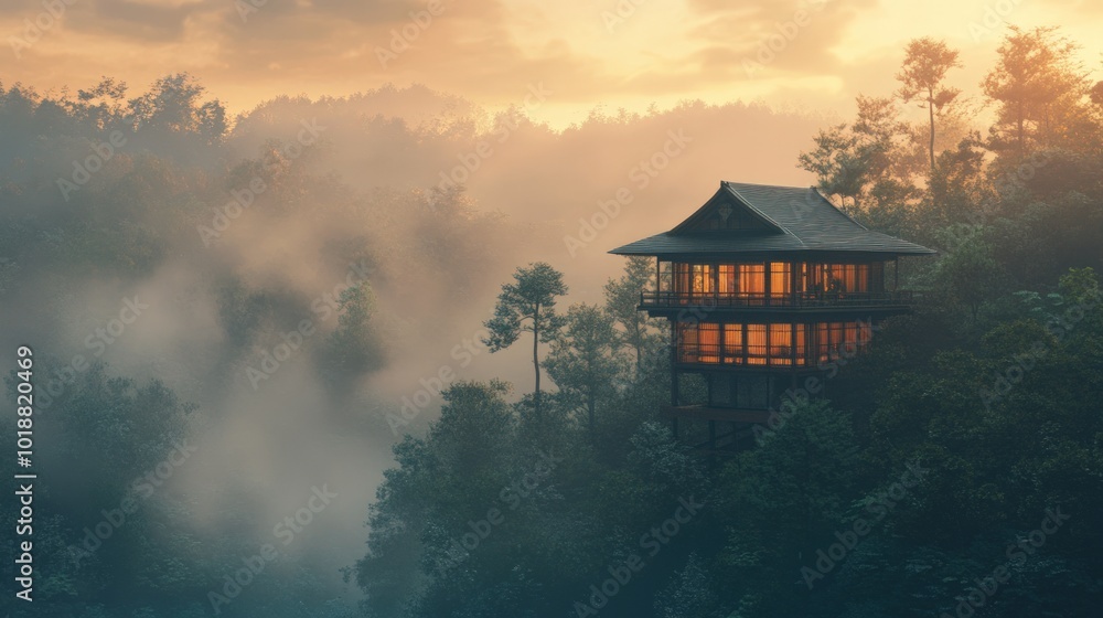 A traditional Japanese house sits atop a mountain overlooking a misty valley at sunset. A traditional Japanese house sits atop a mountain overlooking a misty valley at sunset.