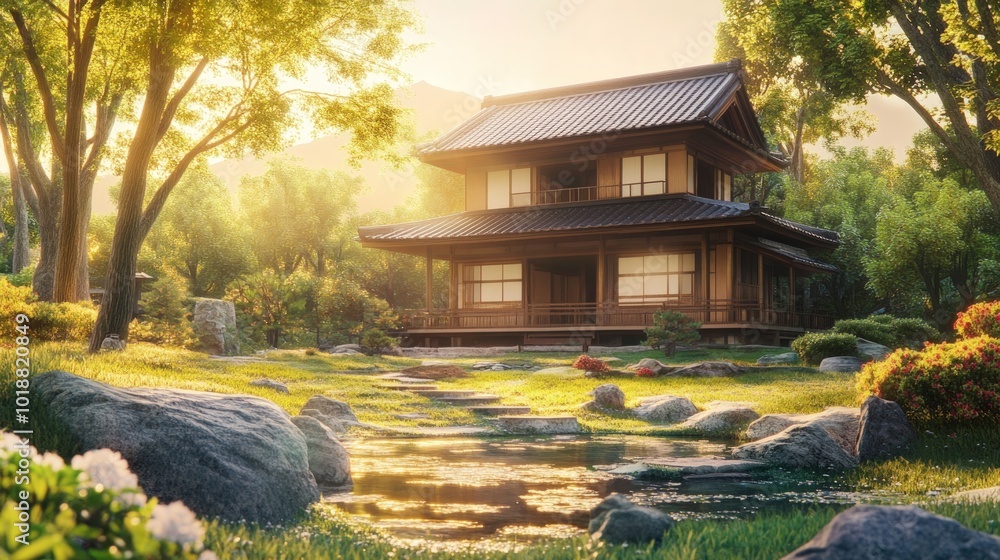 A traditional Japanese house with a beautiful garden and a stream. A traditional Japanese house with a beautiful garden and a stream.