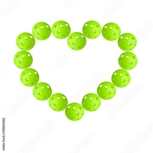 Heart shaped pattern made of green pickleballs balls on transparent background.