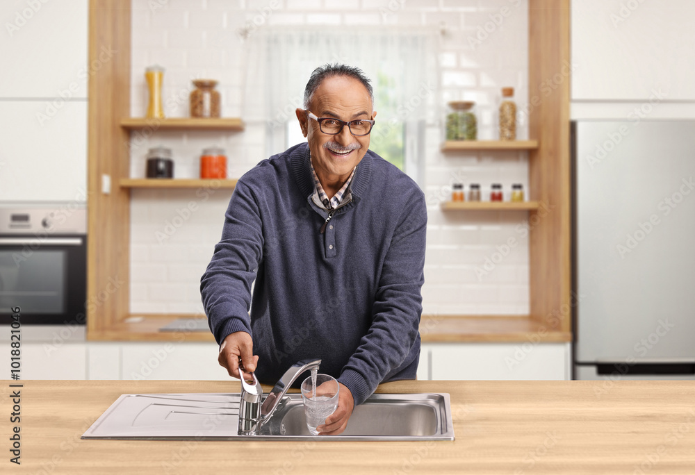 Mature man pouring a glass of water in a kitchen Mature man pouring a glass of water in a kitchen