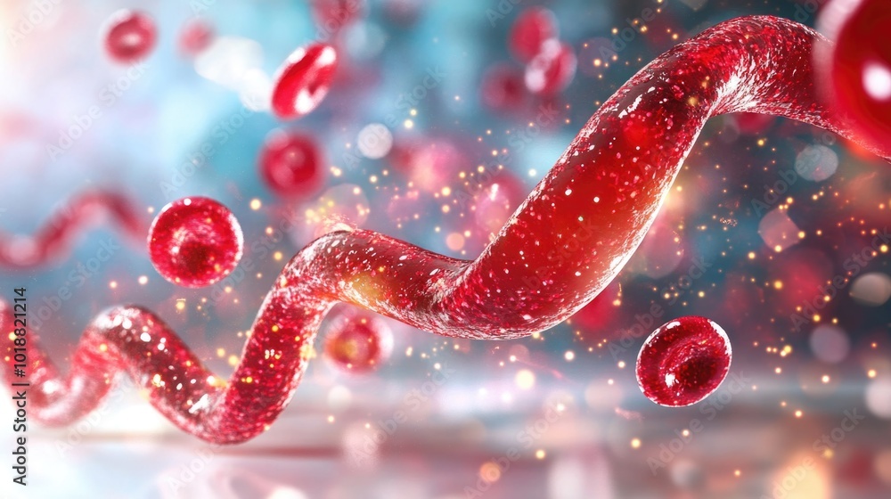 Vibrant red blood cells and dna helix in motion with sparkling light effects Vibrant red blood cells and dna helix in motion with sparkling light effects