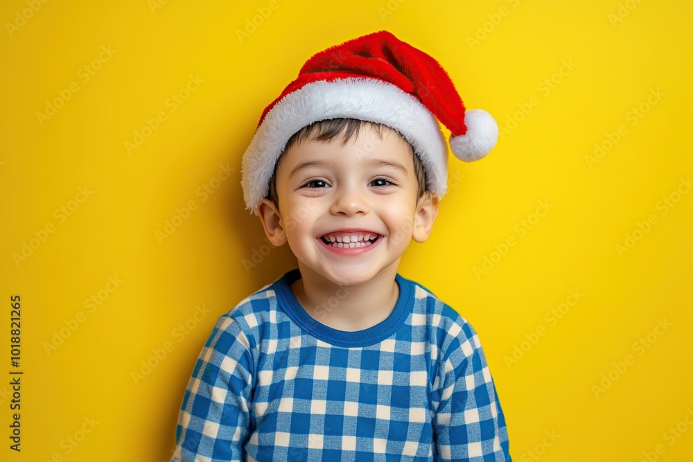 Smiling child boy in checkered pajamas and red santa hat Smiling child boy in checkered pajamas and red santa hat