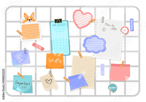 A collection of colorful sticky notes and reminders on a grid board. Vector illustration