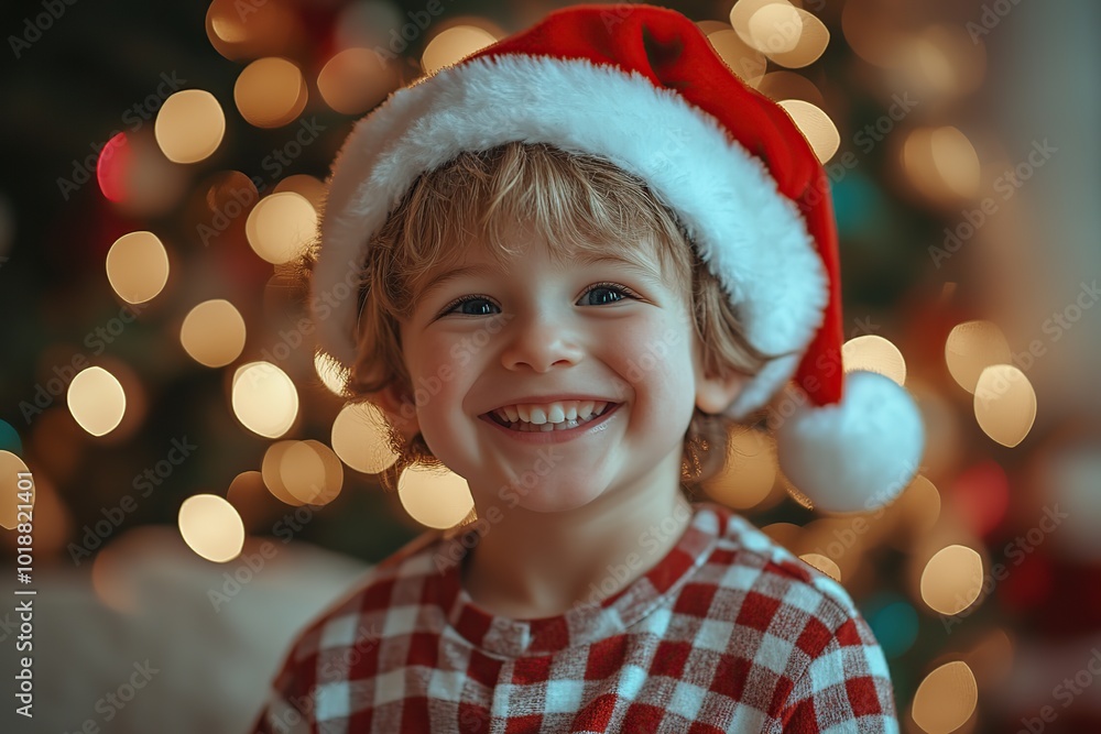 Smiling child boy in checkered pajamas and red santa hat on blurred fir tree lights background Smiling child boy in checkered pajamas and red santa hat on blurred fir tree lights background