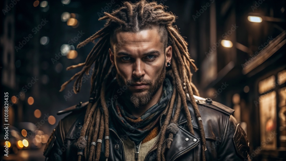 Cyberpunk white man with dreadlocks, intense gaze, urban night background, street style photography Cyberpunk white man with dreadlocks, intense gaze, urban night background, street style photography