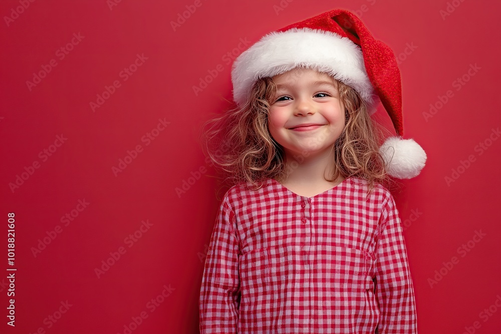 Smiling child girl in checkered pajamas and red santa hat Smiling child girl in checkered pajamas and red santa hat