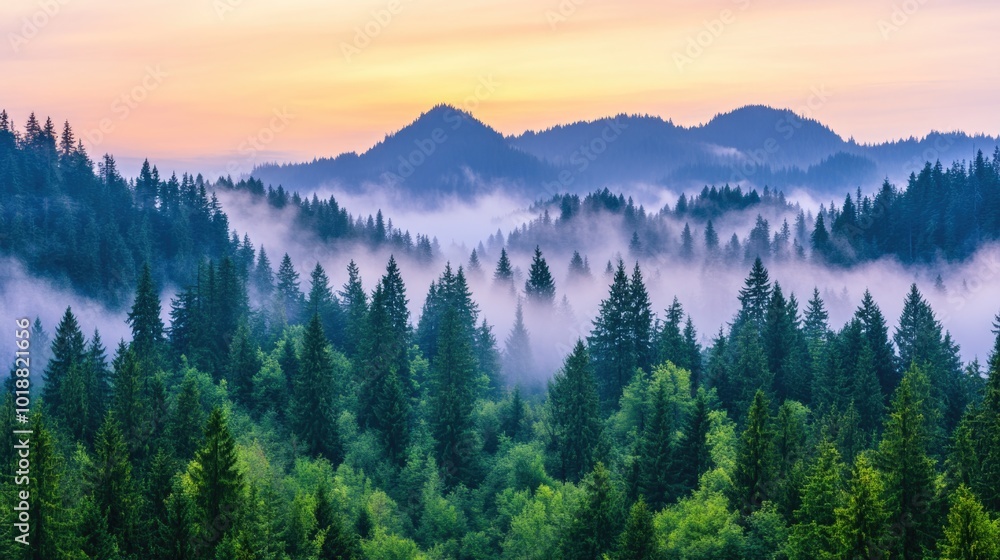 Naklejka premium Misty sunrise over evergreen forests and rolling mountains