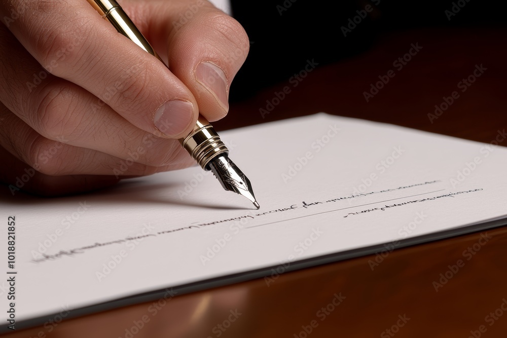 Close-up of hand signing a formal document with a pen on a dark wooden surface, sharp detail, representing business deal or legal contract Close-up of hand signing a formal document with a pen on a dark wooden surface, sharp detail, representing business deal or legal contract