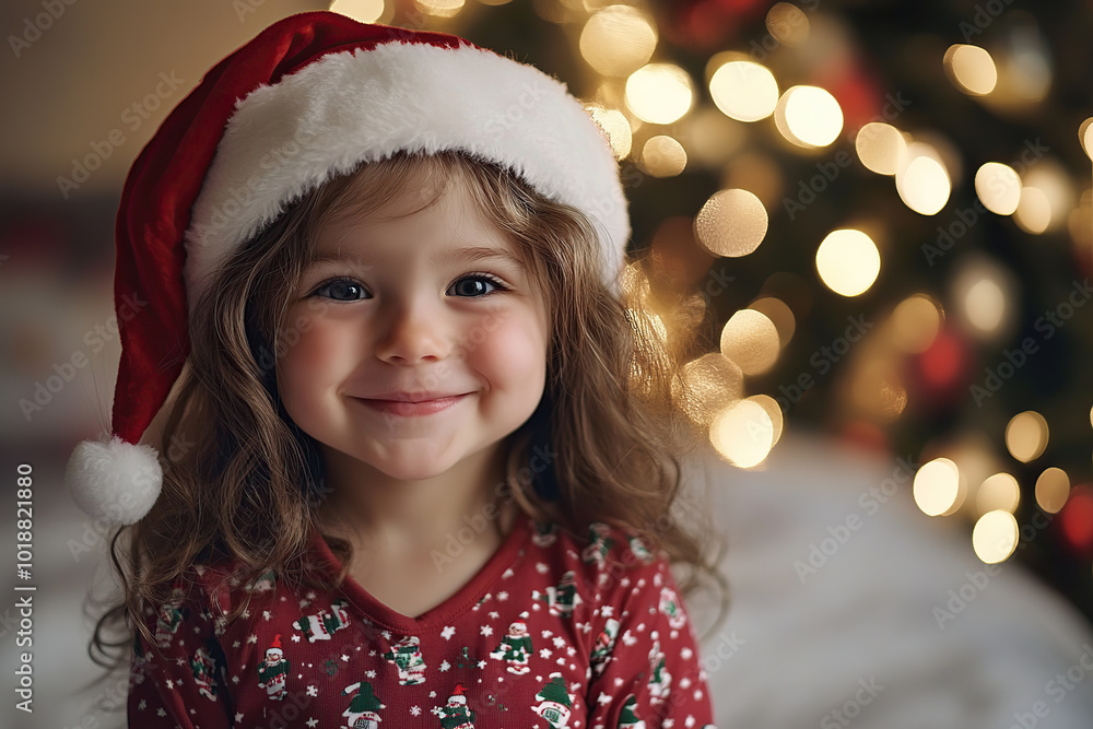 Smiling child girl in checkered pajamas and red santa hat on blurred fir tree lights background Smiling child girl in checkered pajamas and red santa hat on blurred fir tree lights background