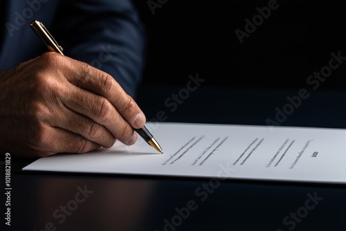 Close-up of hand signing a formal document with a pen on a dark wooden surface, sharp detail, representing business deal or legal contract photo