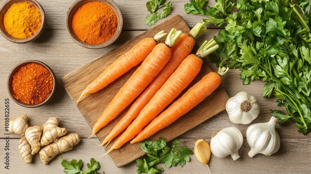 Fresh carrots, ginger, garlic, and spices on a wooden table. Fresh carrots, ginger, garlic, and spices on a wooden table.