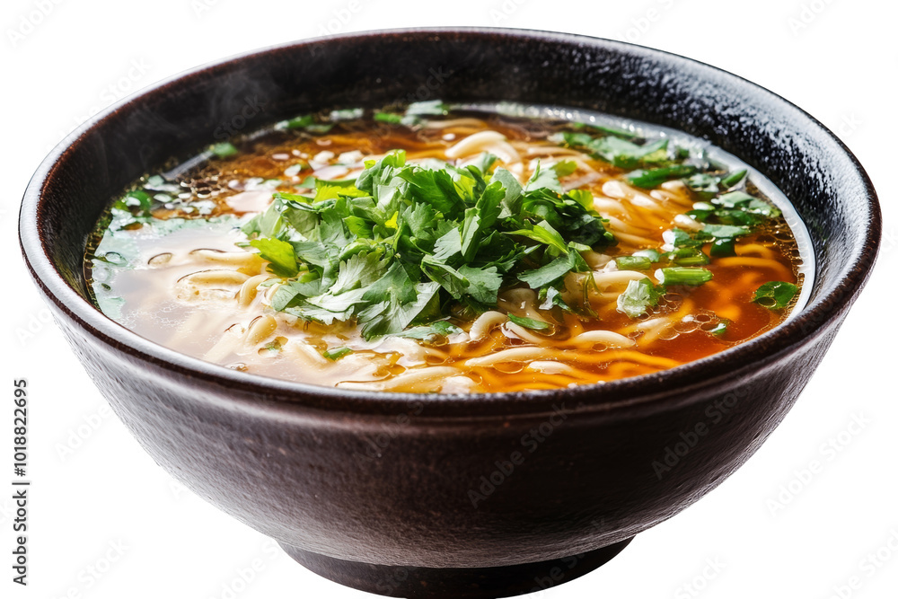 A delicious bowl of noodles topped with fresh herbs, served in an elegant dark bowl, isolated on a white background. A delicious bowl of noodles topped with fresh herbs, served in an elegant dark bowl, isolated on a white background.