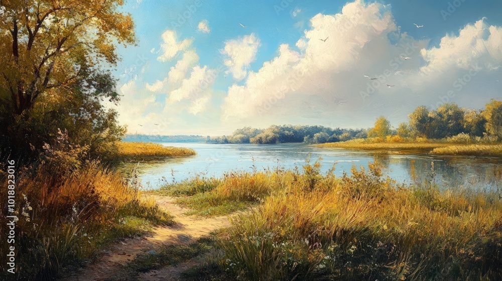 A picturesque view of a tranquil river winding through a lush forest on a sunny day, with a dirt path leading into the scene. A picturesque view of a tranquil river winding through a lush forest on a sunny day, with a dirt path leading into the scene.