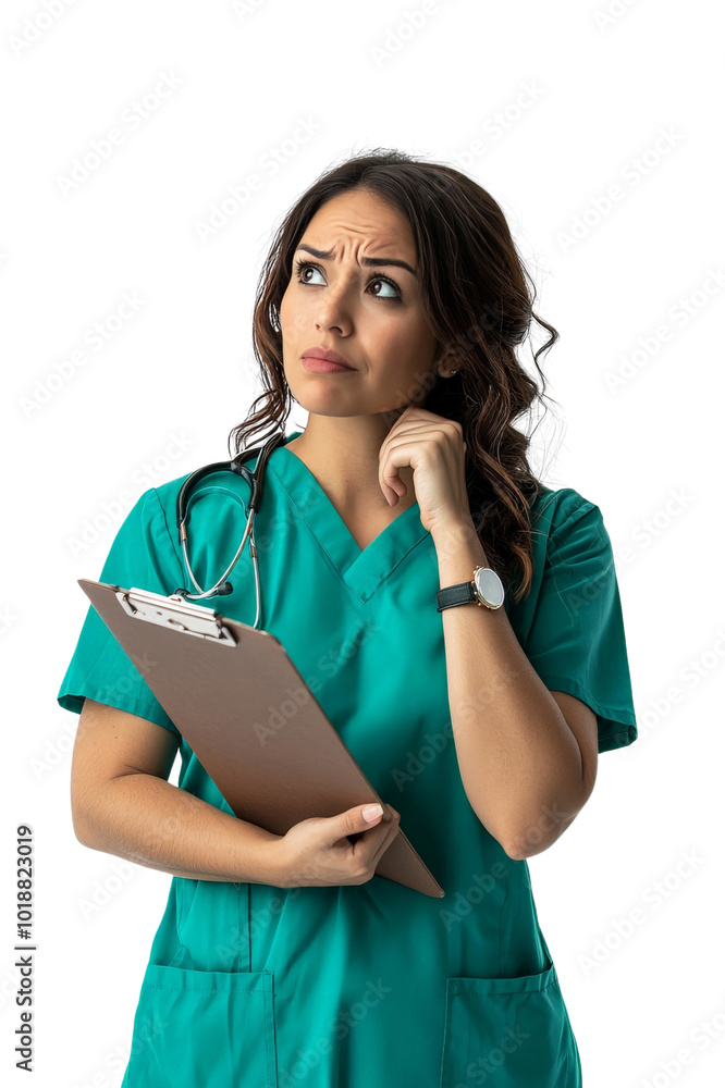 A thoughtful Hispanic female doctor in her 30s, wearing scrubs, holding a clipboard and thinking, isolated on transparent background, PNG file A thoughtful Hispanic female doctor in her 30s, wearing scrubs, holding a clipboard and thinking, isolated on transparent background, PNG file
