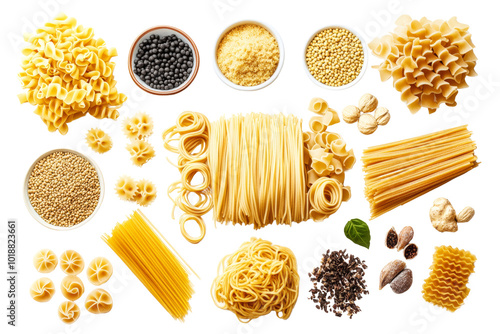 An assortment of various types of pasta and grains displayed on a white background. photo