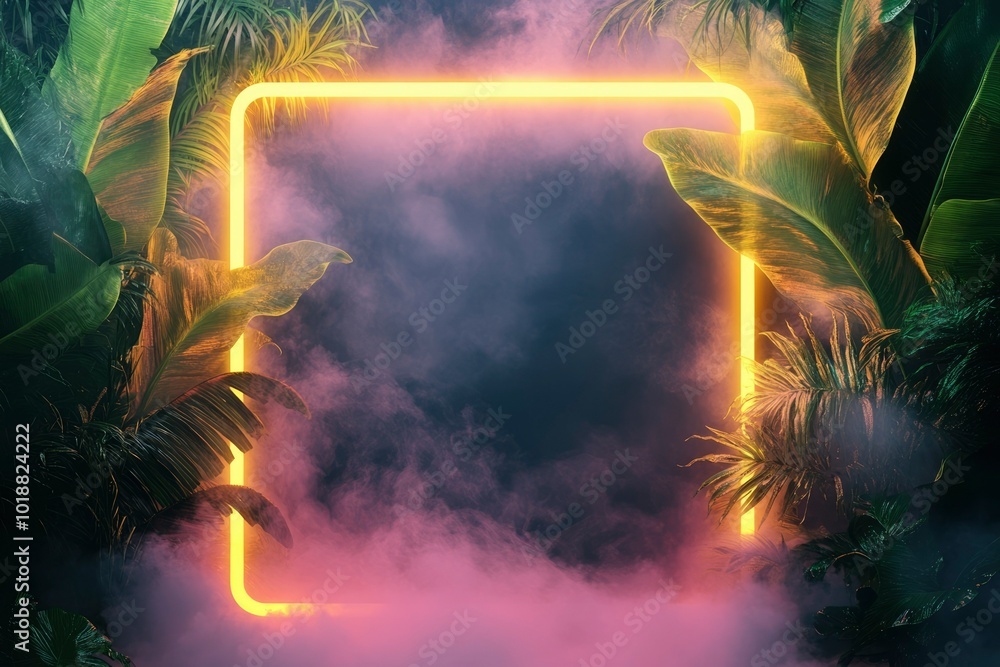 Fototapeta premium Glowing Yellow Frame Surrounded by Tropical Foliage in Smoky Atmosphere