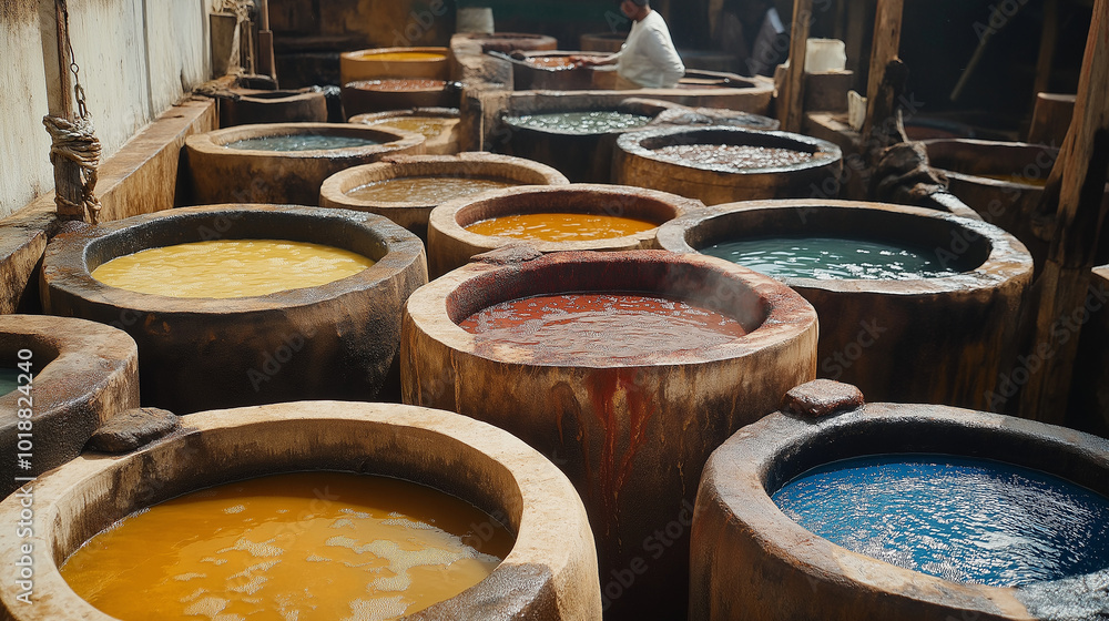A traditional leather tannery in Fez, with workers dyeing leather in colorful vats A traditional leather tannery in Fez, with workers dyeing leather in colorful vats