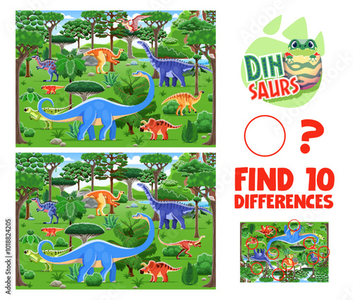 Find ten differences game. Prehistoric forest landscape with cartoon dinosaurs. Vector kids dino themed worksheet. Educational children riddle, leisure activity fun and engaging paleontological puzzle
