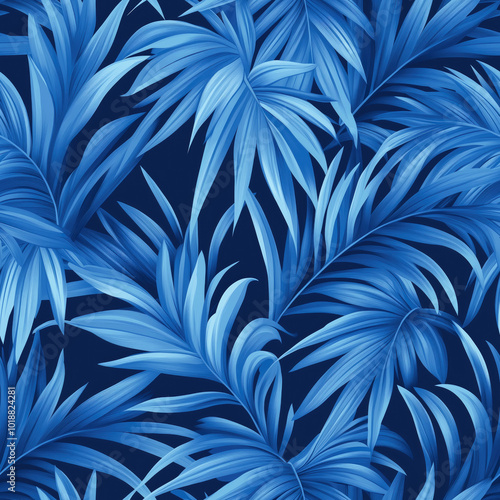 Seamless blue tropical palm leaves pattern design, vector style photo