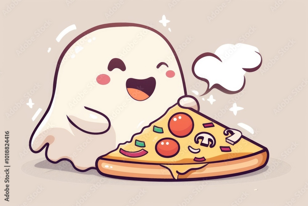 Cute ghost enjoys halloween pizza delight. AI