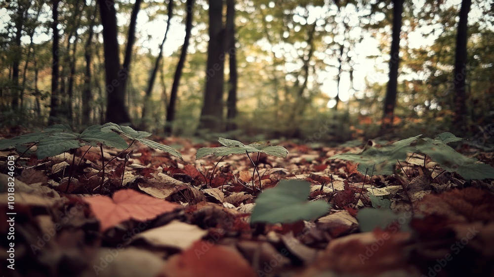 A close-up view of the forest floor with autumn leaves and green plants. A close-up view of the forest floor with autumn leaves and green plants.