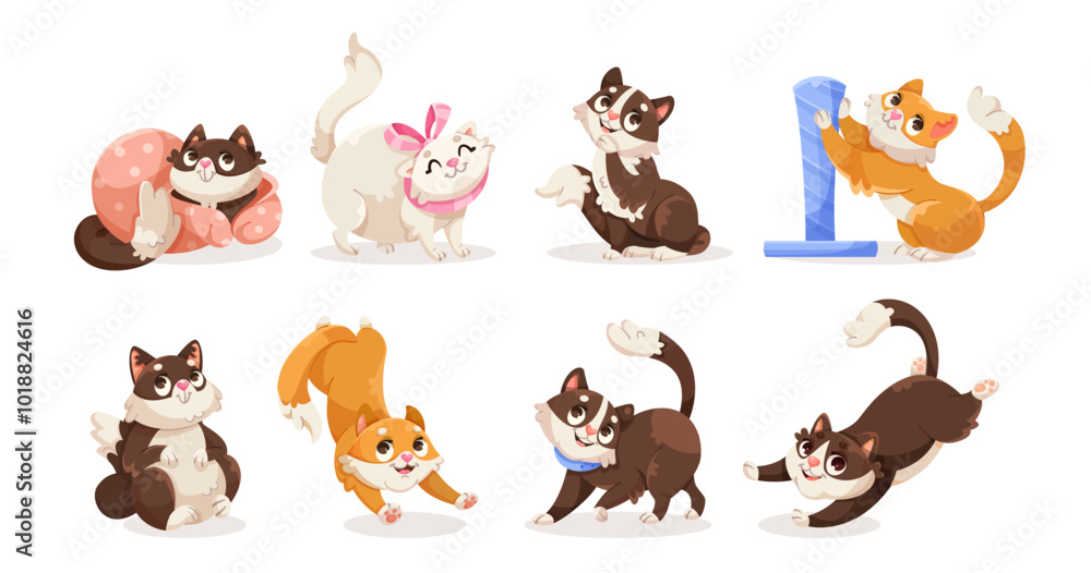 A set of adorable cartoon cats in various playful poses, displayed on a white background. The playful and joyful expressions of the cats are emphasized. Vector illustration A set of adorable cartoon cats in various playful poses, displayed on a white background. The playful and joyful expressions of the cats are emphasized. Vector illustration