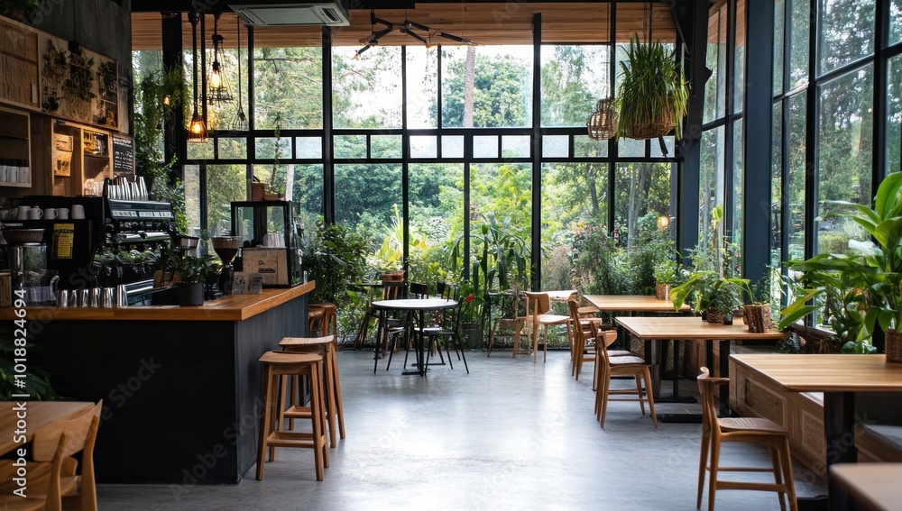 Modern Cafe with Large Windows and Greenery Modern Cafe with Large Windows and Greenery